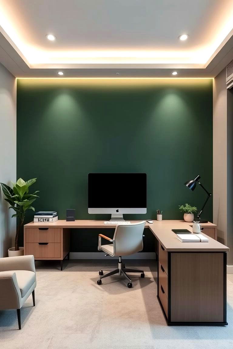 Dark Green Accent Wall - 24 Dark Green Home Office Ideas