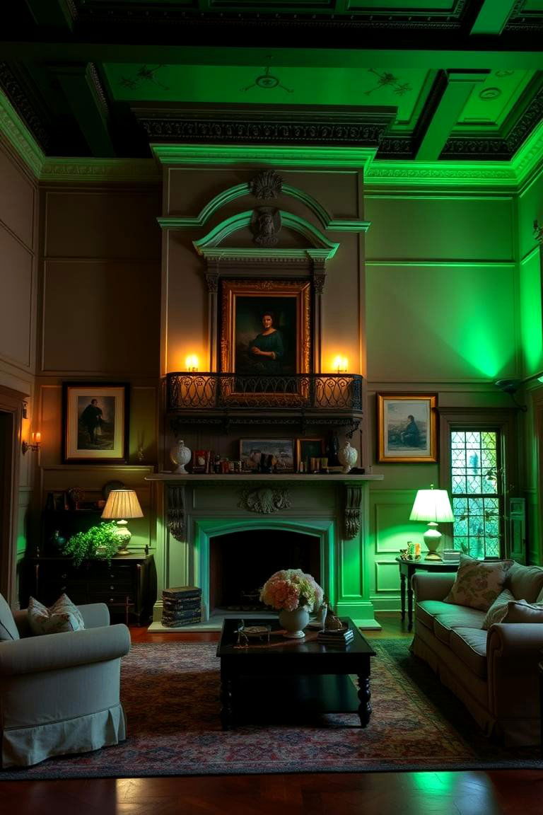 Dark Green Ambient Lighting for a Cozy Feel - 24 Victorian Dark Green Living Room Ideas