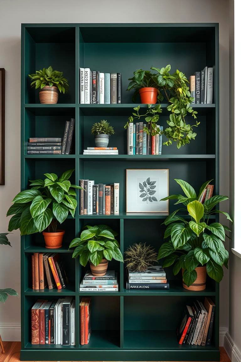 Dark Green Bookshelf with Greenery - 24 Dark Green Home Office Ideas