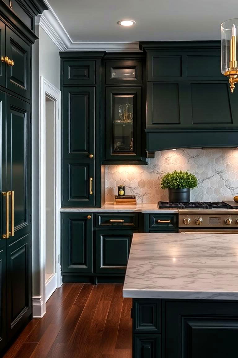Dark Green Cabinets with Brass Hardware for a Luxurious Touch - 24 Green Kitchen Cabinet Ideas