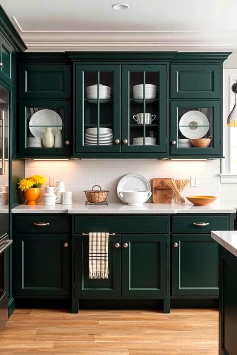 Dark Green Cabinets with Glass Inserts - 24 Dark Green Kitchen Ideas