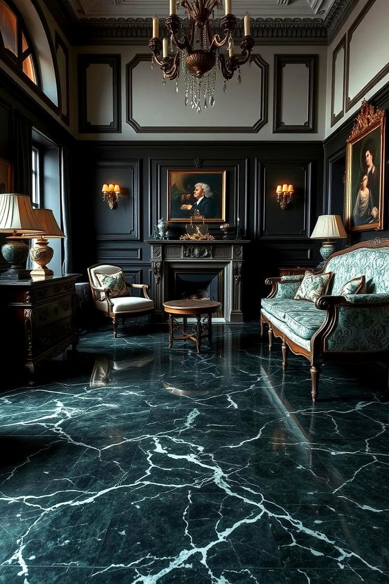 Dark Green Marble Flooring Statement - 24 Victorian Dark Green Living Room Ideas
