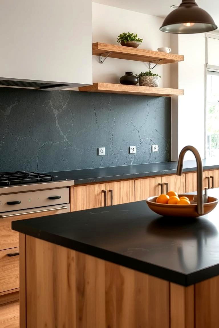 Dark Green Slate Countertops with Rustic Wooden Shelves - 24 Kitchen With Green Countertops Ideas