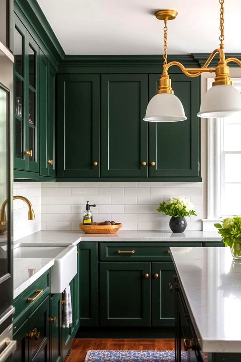 Dark Green Walls with Brass Hardware - 24 Dark Green Kitchen Ideas