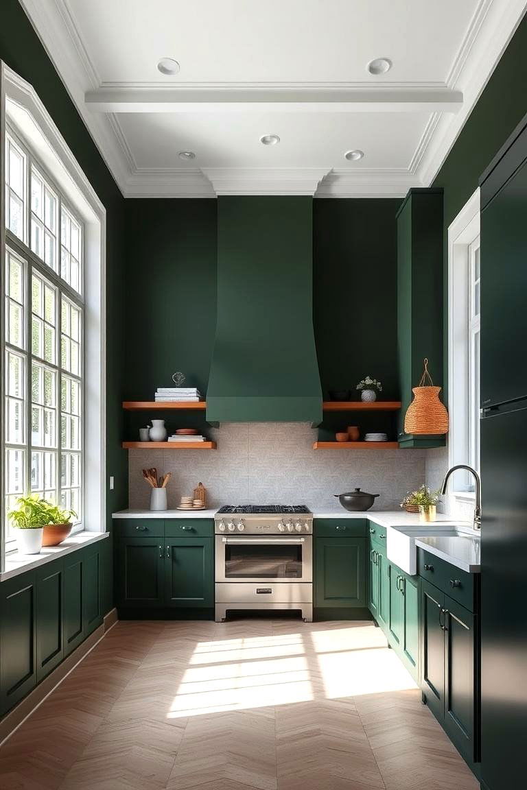 Dark Green Walls with White Trim - 24 Dark Green Kitchen Ideas