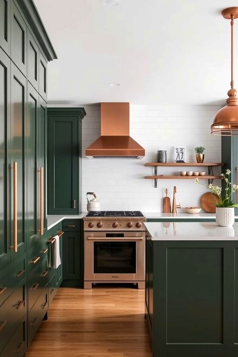 Dark Green and Copper for a Rich Contrast - 24 Dark Green Kitchen Ideas