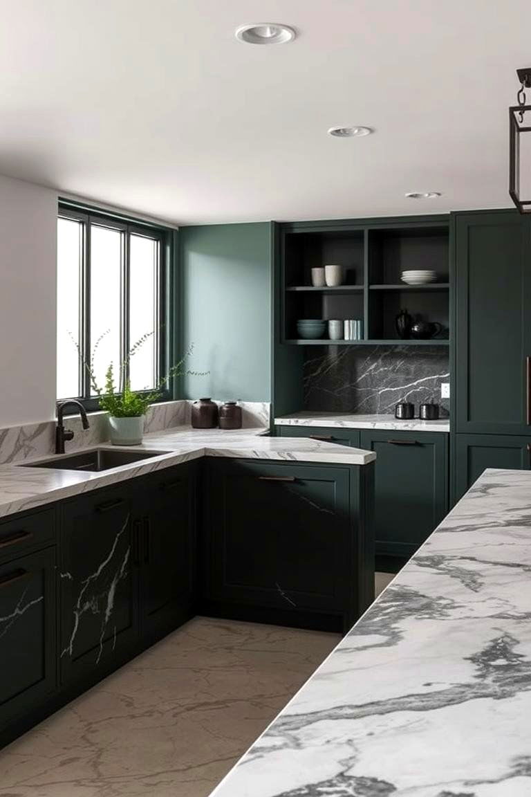 Dark Green and Marble for a Luxurious Feel - 24 Dark Green Kitchen Ideas