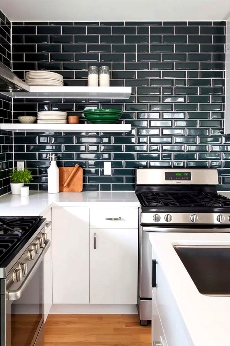 Dark Green and White Subway Tiles - 24 Dark Green Kitchen Ideas