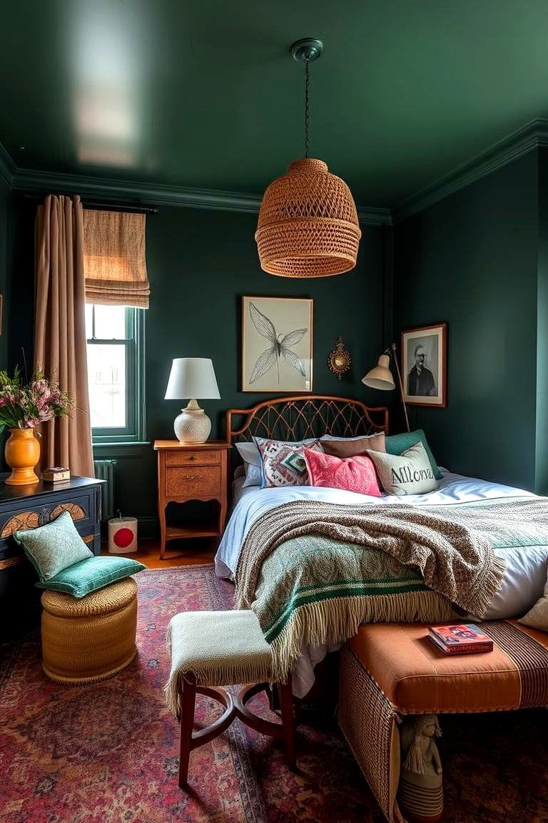 Dark Green in Bohemian Bedroom - 24 Dark Green Bedroom Ideas
