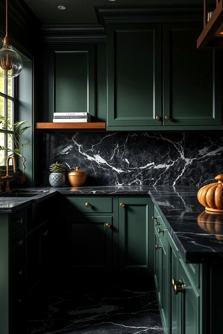 Dark Green with Black Marble Countertops - 24 Dark Green Kitchen Ideas