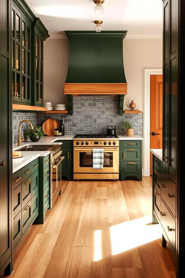 Dark Green with Light Wood Flooring - 24 Dark Green Kitchen Ideas
