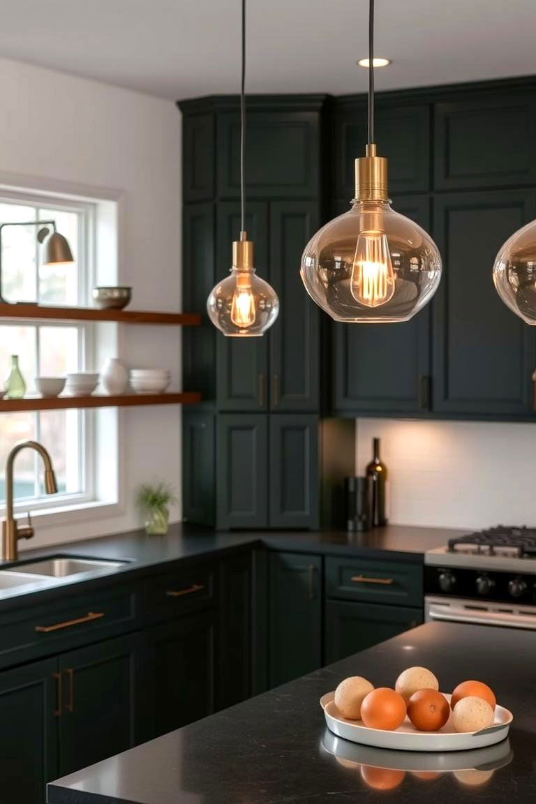 Dark Green with Modern Lighting Fixtures - 24 Dark Green Kitchen Ideas