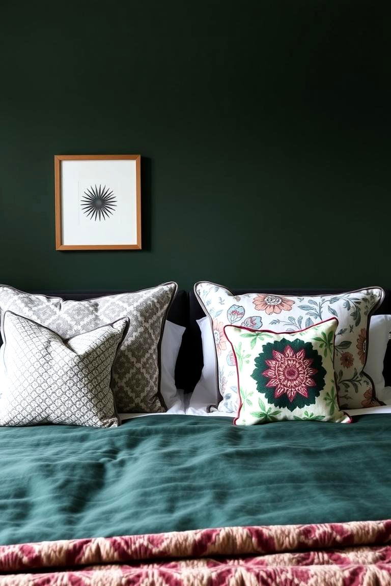 Dark Green with Patterned Throw Pillows - 24 Dark Green Bedroom Ideas