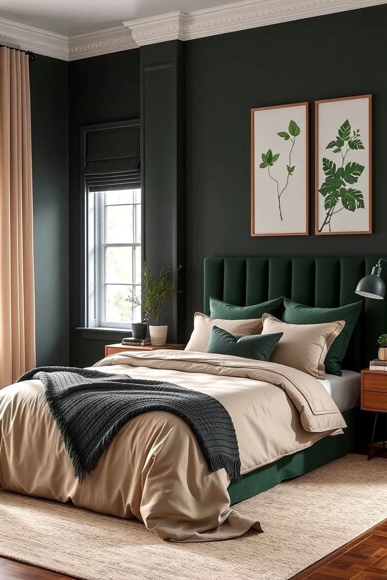Dark Green with Soft Beige Tones - 24 Dark Green Bedroom Ideas