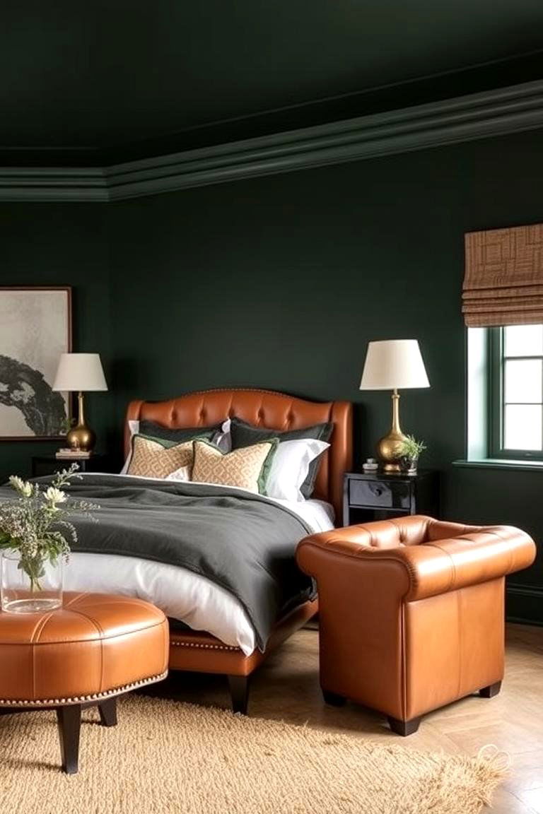 Dark Green with Tan Leather Furniture - 24 Dark Green Bedroom Ideas