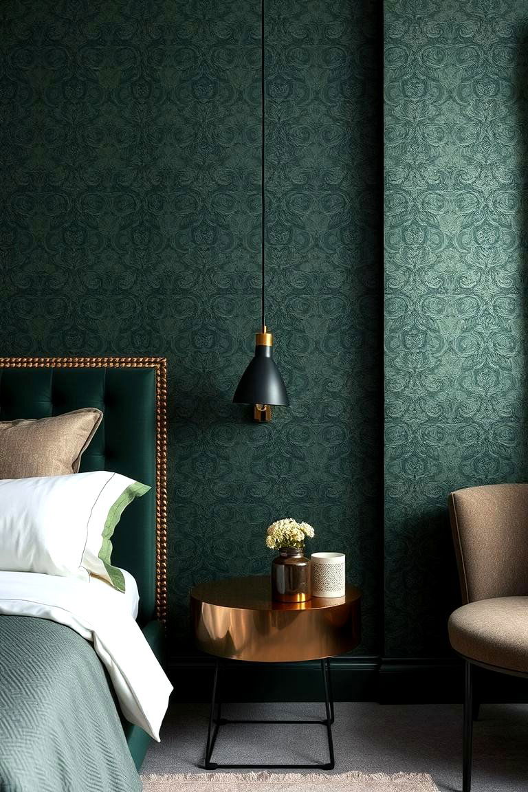Dark Green with Textured Wallpaper - 24 Dark Green Bedroom Ideas