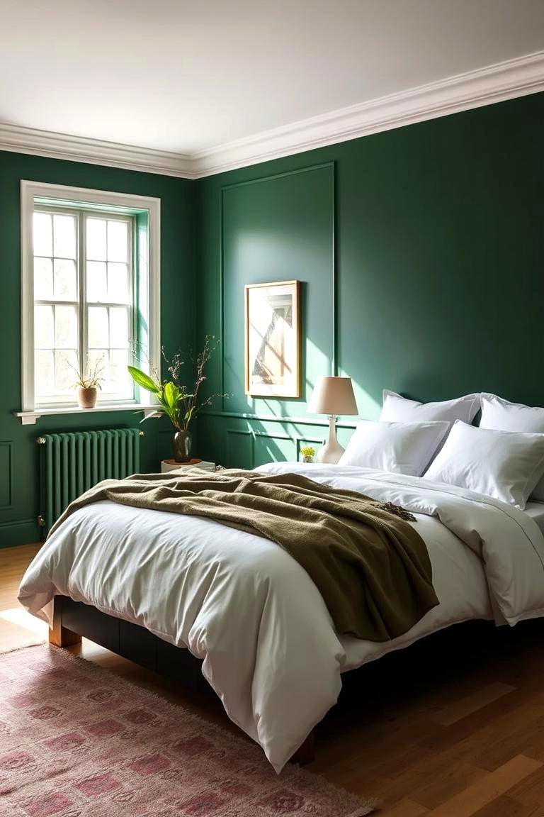 Dark Green with White Bedding - 24 Dark Green Bedroom Ideas