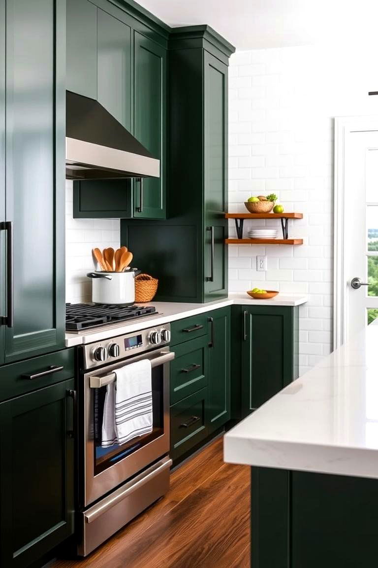 Dark Green with White Subway Tile for a Bold Contrast - 24 Green Kitchen Cabinet Ideas