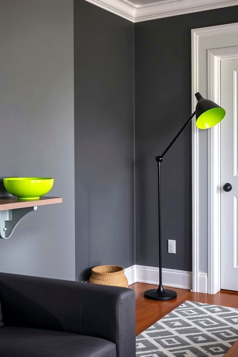 Dark Grey Walls with Lime Green Accents for a Modern Edge - 24 Green and Grey Living Room Ideas