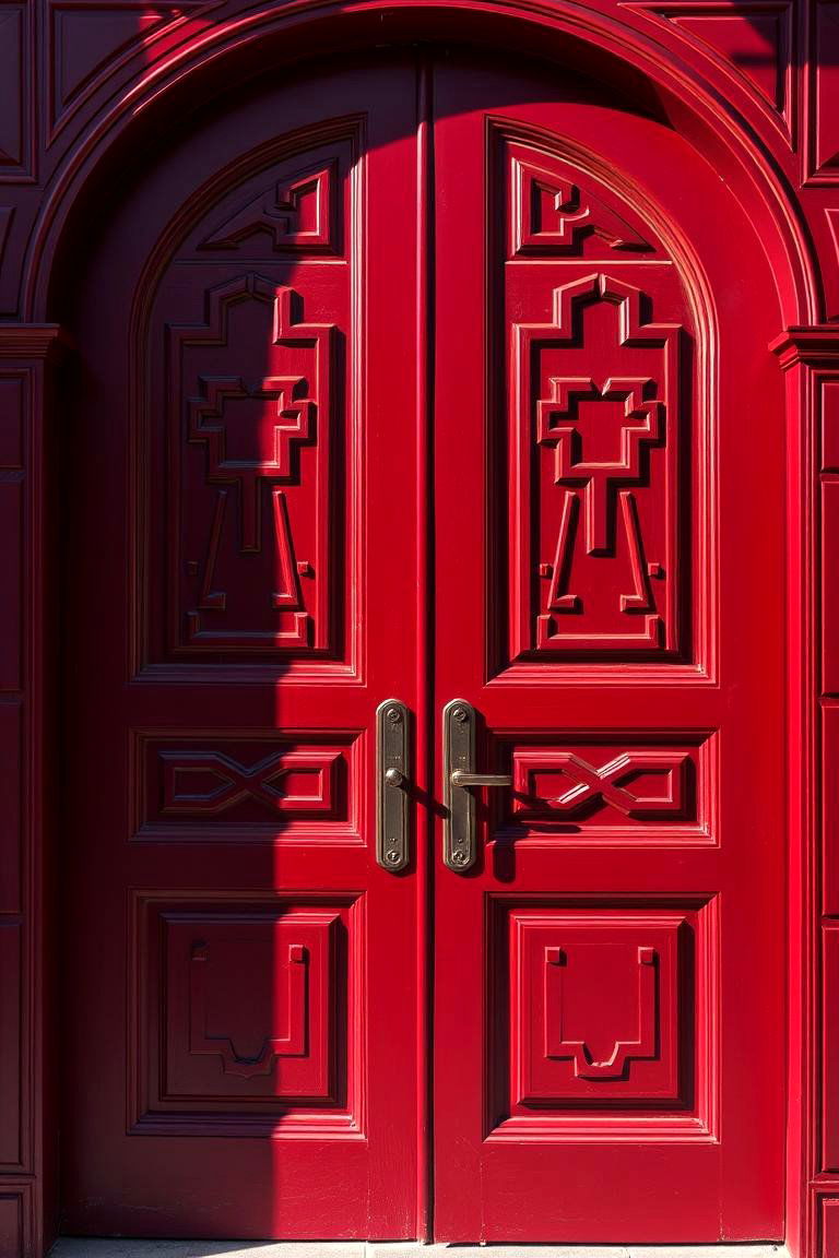 Dark Red Door with Arched Design and Geometric Patterns - 24 Dark Red Front Door Ideas