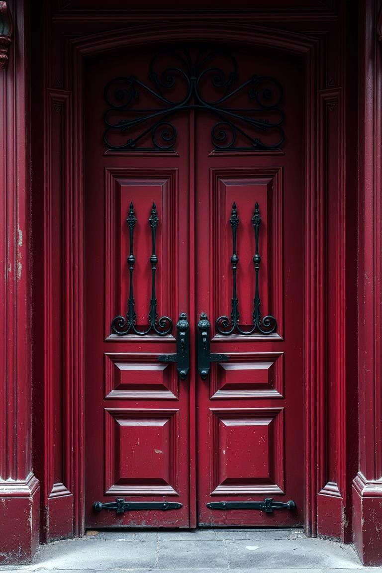 Dark Red Door with Black Iron Detailing - 24 Dark Red Front Door Ideas