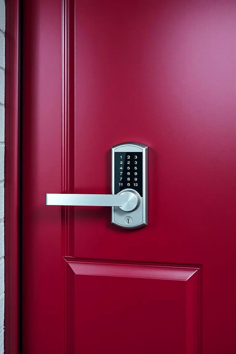 Dark Red Door with Integrated Smart Lock Technology - 24 Dark Red Front Door Ideas
