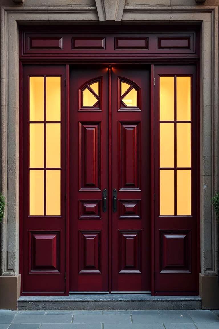 Dark Red Door with a Double Leaf Design for Grandeur - 24 Dark Red Front Door Ideas