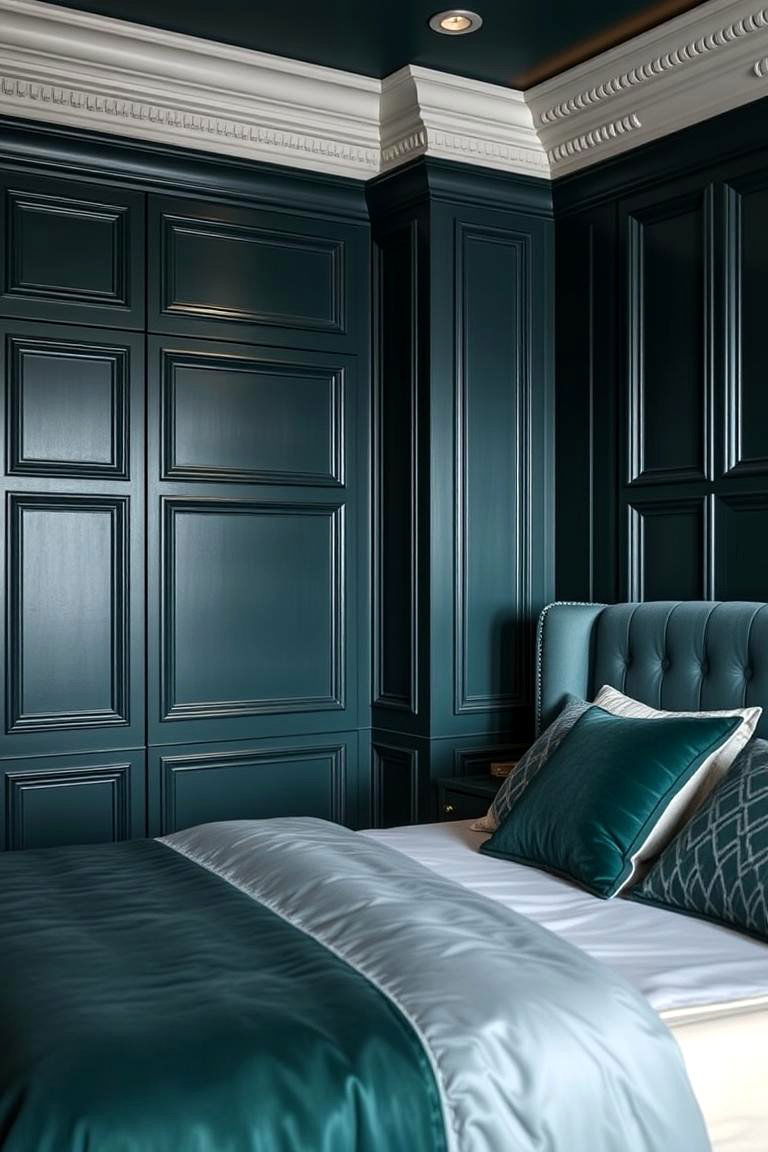 Dark Teal Green Luxurious Depth Panelling - 24 Green Panelling Bedroom Ideas
