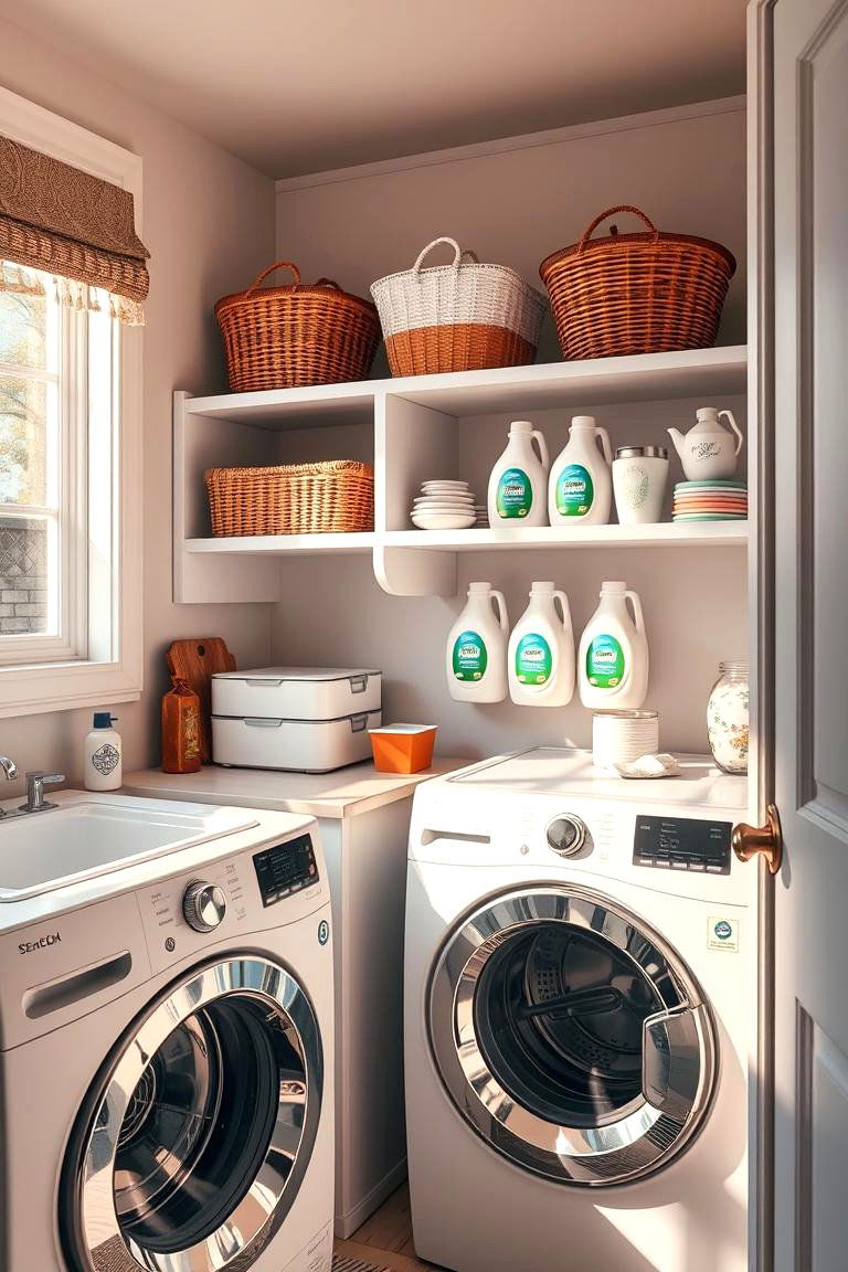 Decorative Baskets on Open Shelves for Detergents - 24 Laundry Detergent Storage Ideas