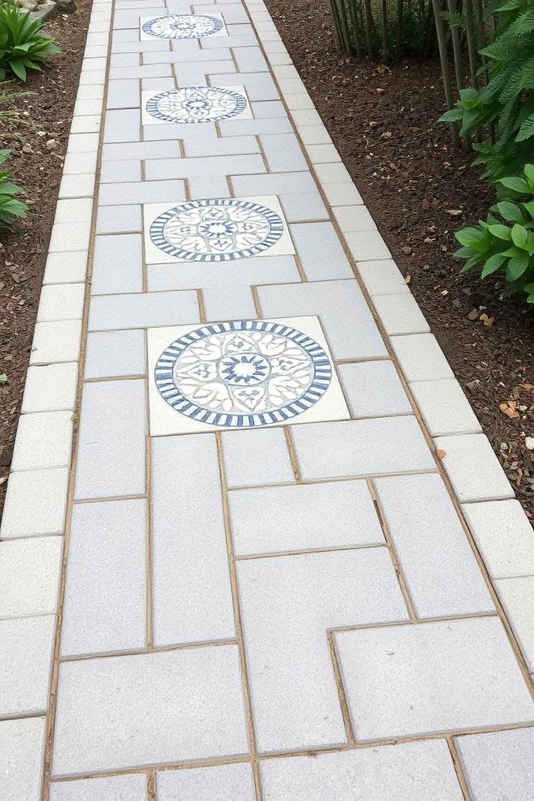 Decorative Inset Mosaic Grey Paver Path - 24 Grey Paver Walkway Ideas