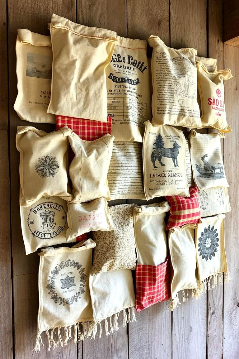Decorative Seed Sack Collage - 24 Farmhouse Wall Decor Ideas