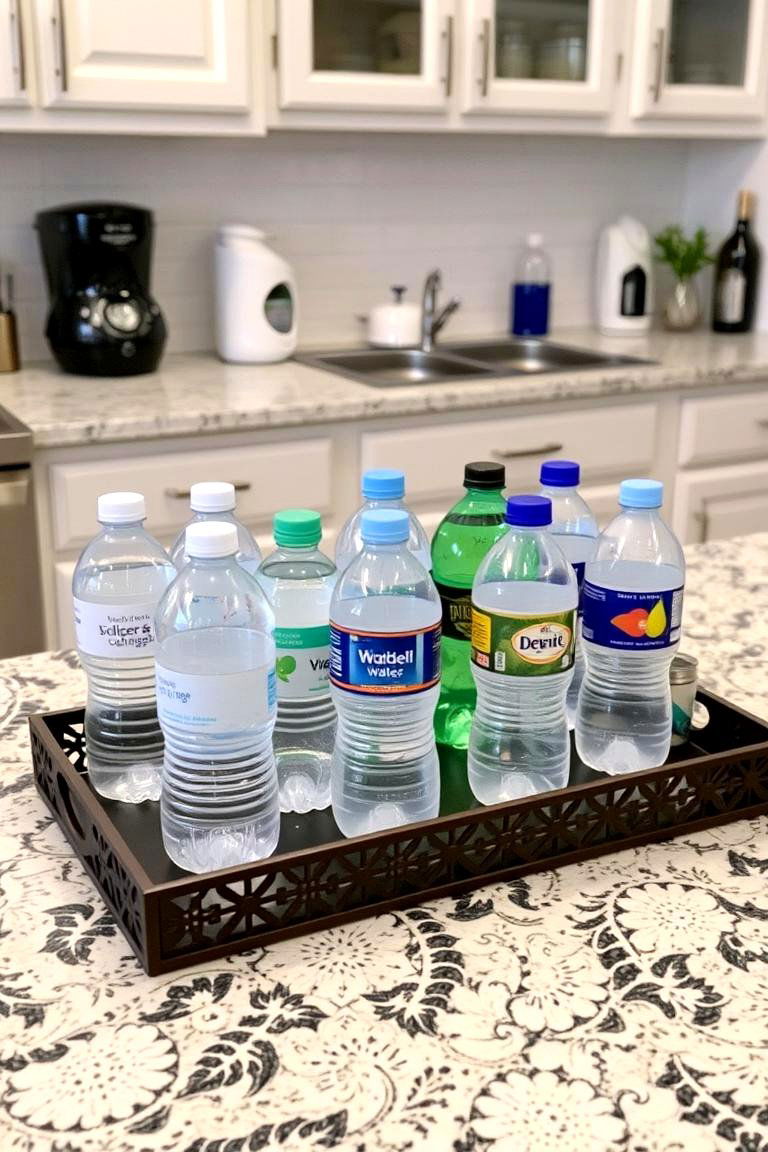 Decorative Trays for Organized Countertop Arrangement - 24 Water Bottle Storage Ideas