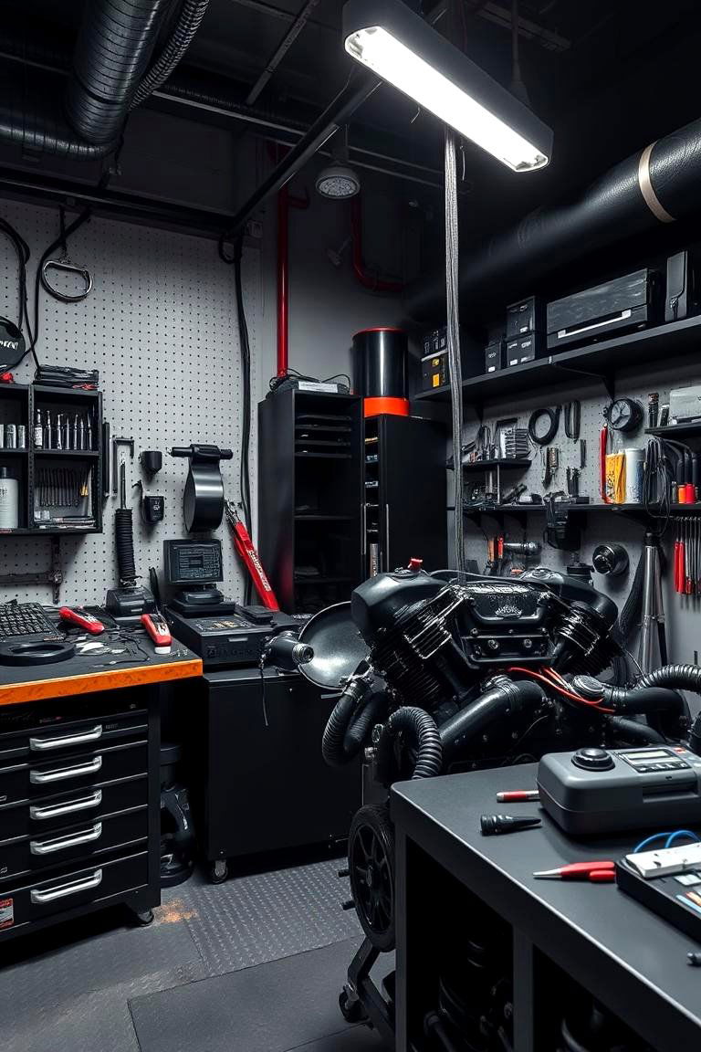 Dedicated Black Engine Tuning Station - 24 Black Garage Ideas