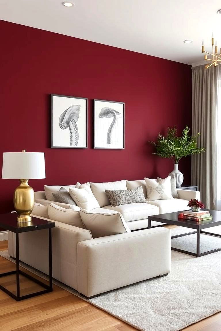 Deep Burgundy Accent Wall - 24 Burgundy Living Room Ideas