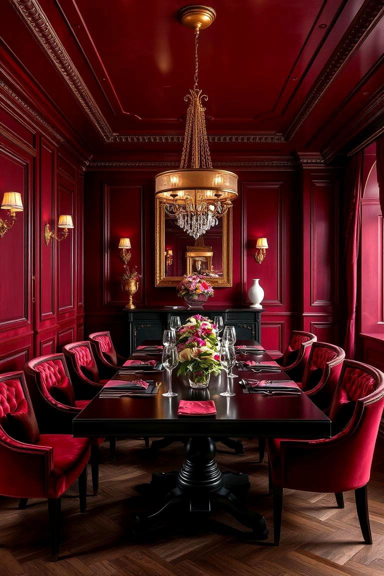 Deep Burgundy and Brass Fixtures - 24 Moody Dining Room Ideas
