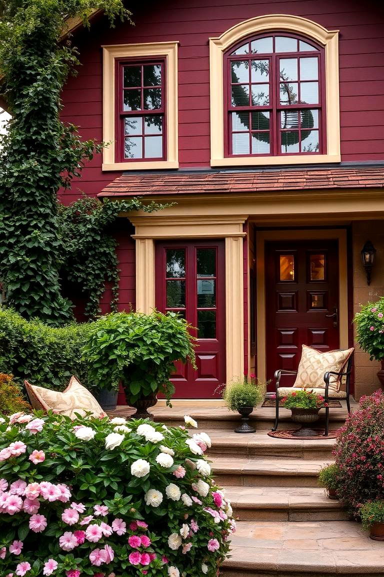 Deep Burgundy with Light Beige - 24 Exterior Door Trim Ideas