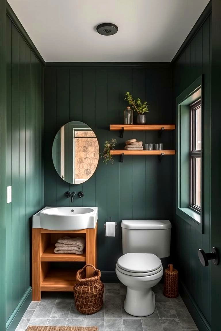 Deep Forest Green with Natural Wood Elements - 24 Forest Green Bathroom Ideas