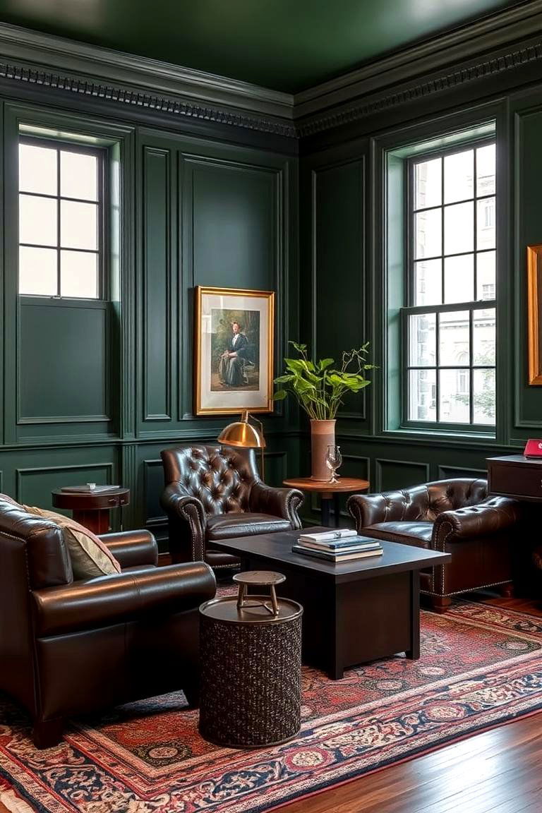 Deep Green and Leather for a Sophisticated Look - 24 Green Accent Wall Ideas