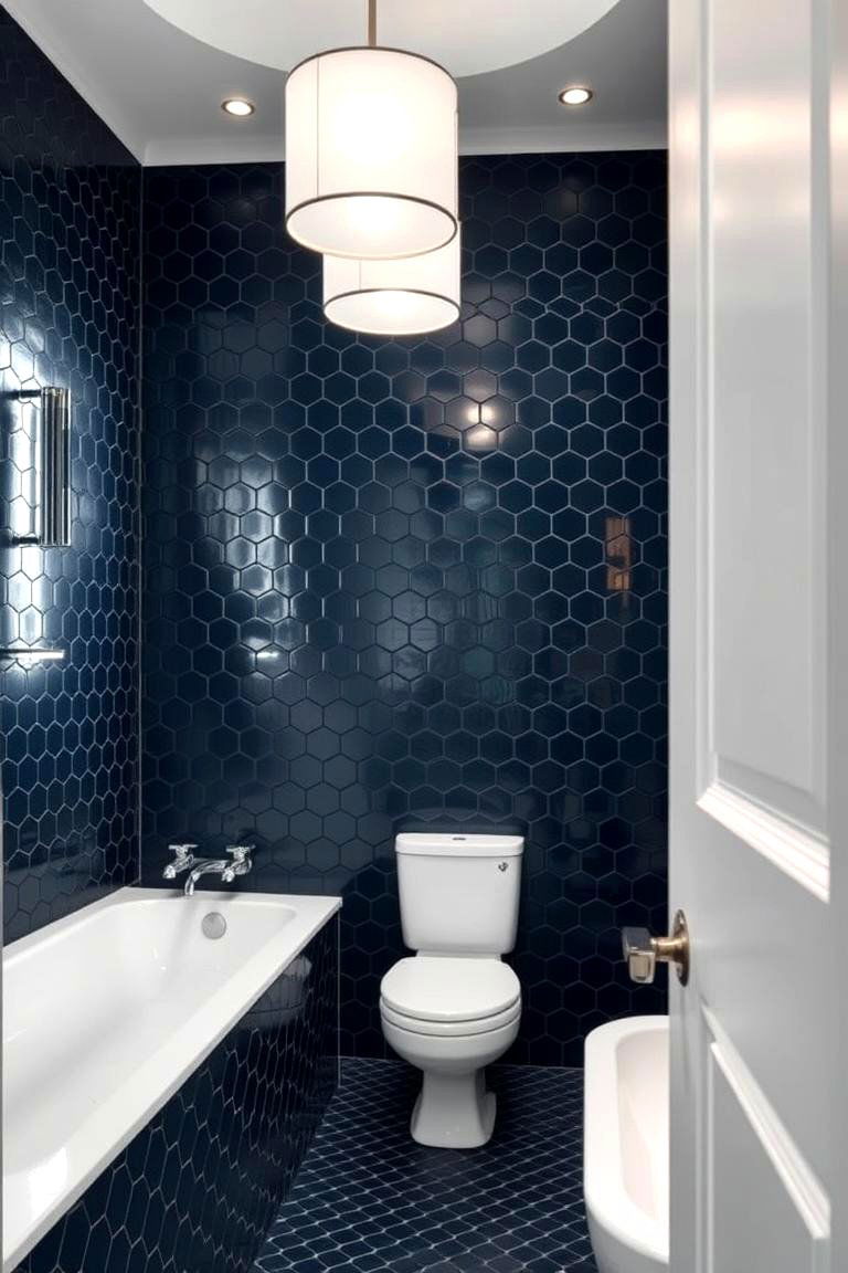 Deep Navy for a Spa Feel - 24 Hexagon Tiles Ideas for Bathrooms