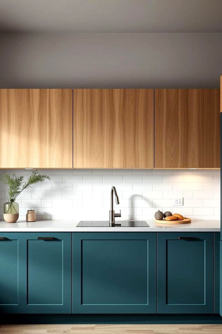 Deep Teal and Light Oak - 24 Two Tone Kitchen Cabinet Ideas