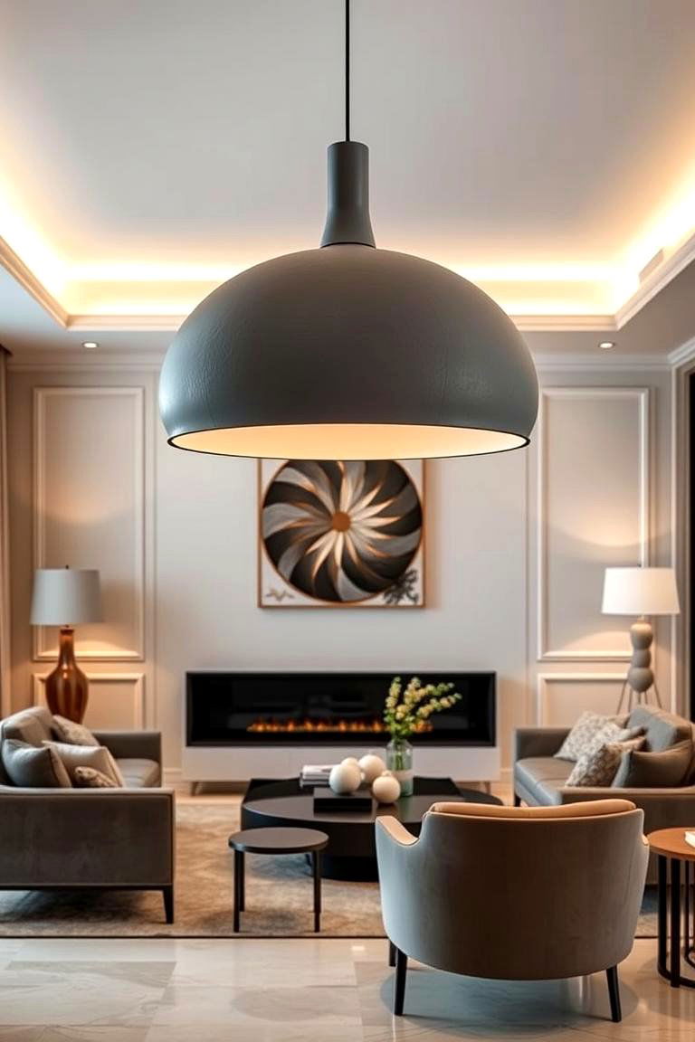 Defining the Ceiling with a Gray Light Fixture - 24 Gray Living Room Ideas