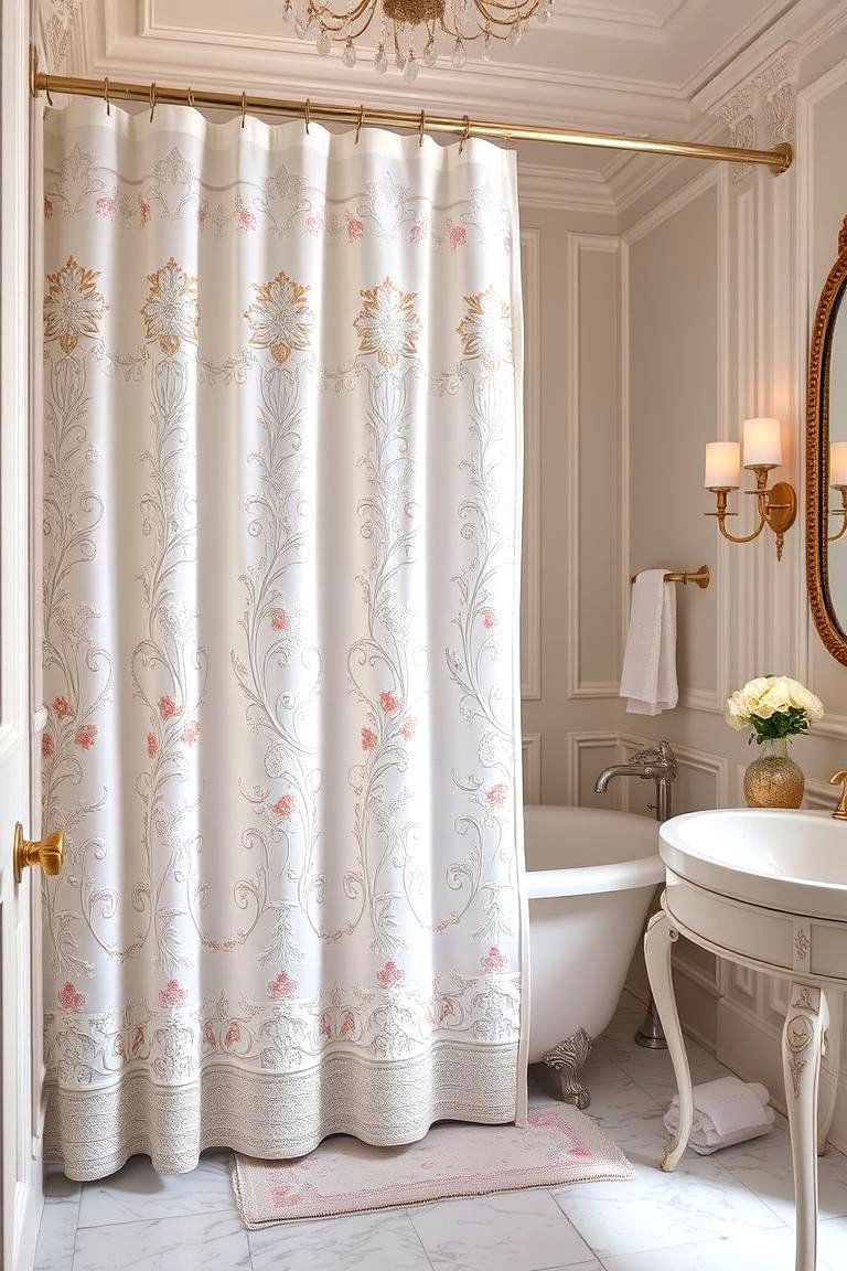 Delicate Detail with an Embroidered Shower Curtain - 24 Shower Curtain Ideas