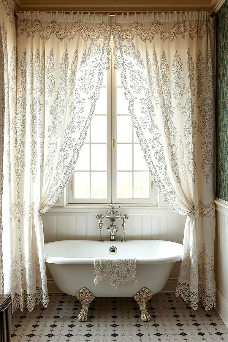 Delicate Lace Curtains for Soft Ambience - 24 Victorian Bathroom Ideas