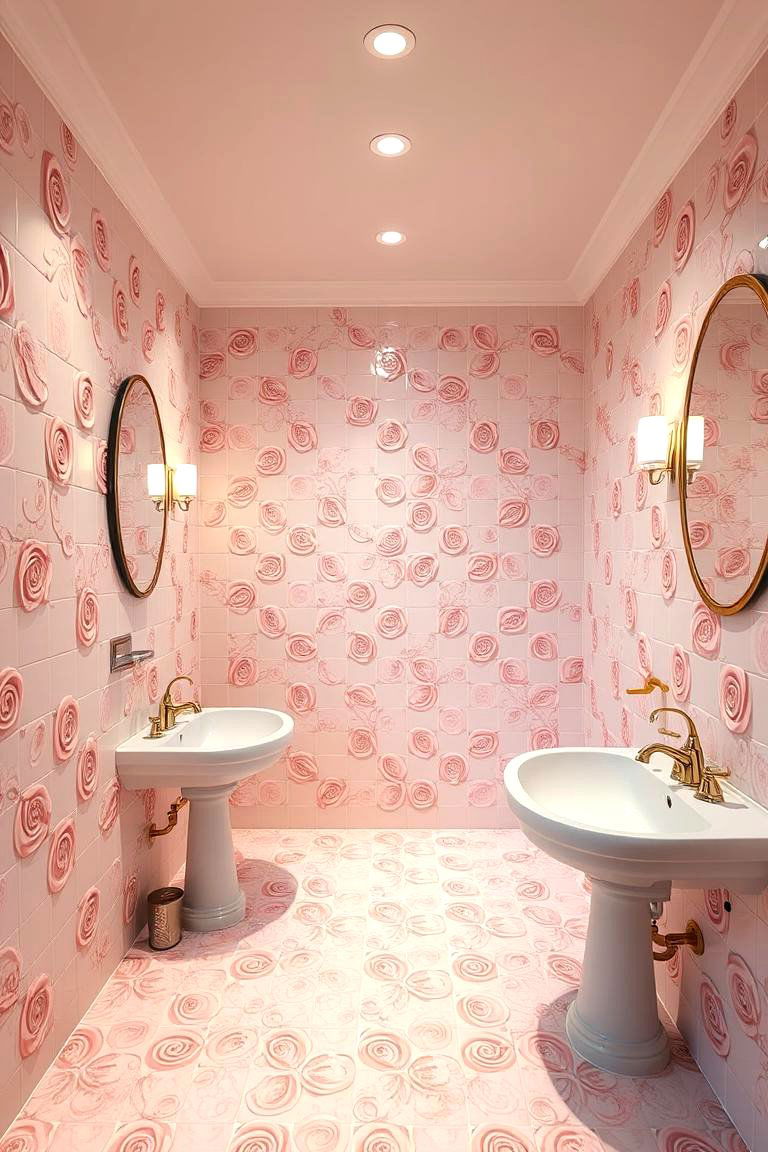 Delicate Rose Pattern - 24 Pink Tile Bathroom Ideas
