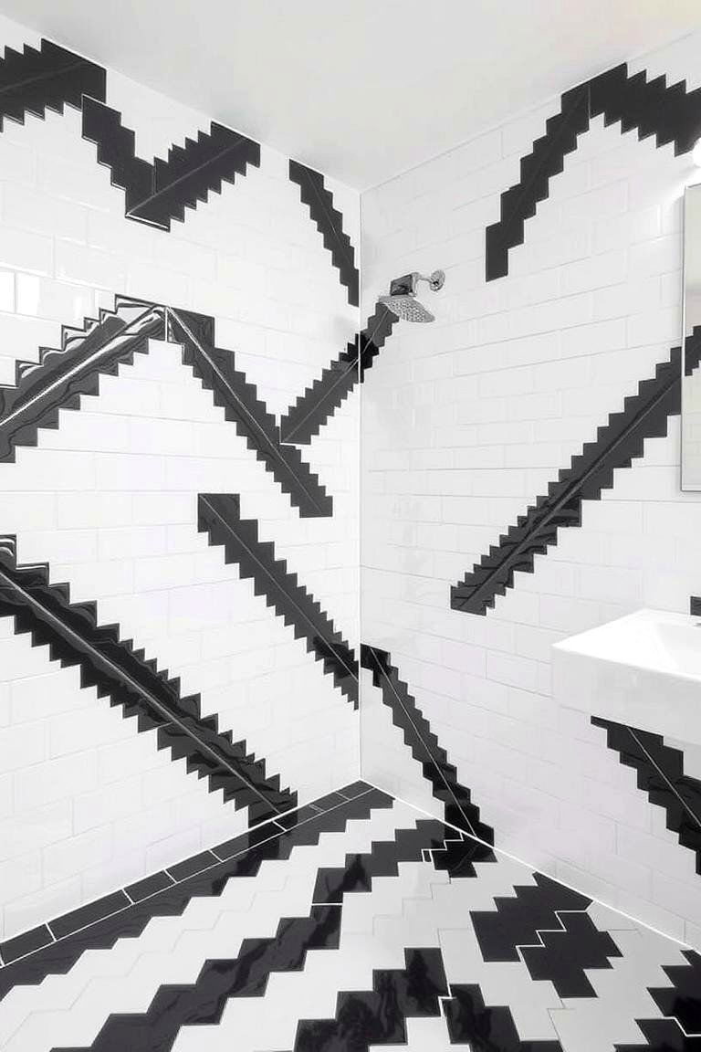 Diagonal Layout Tiles - 24 Black and White Bathroom Tile Ideas