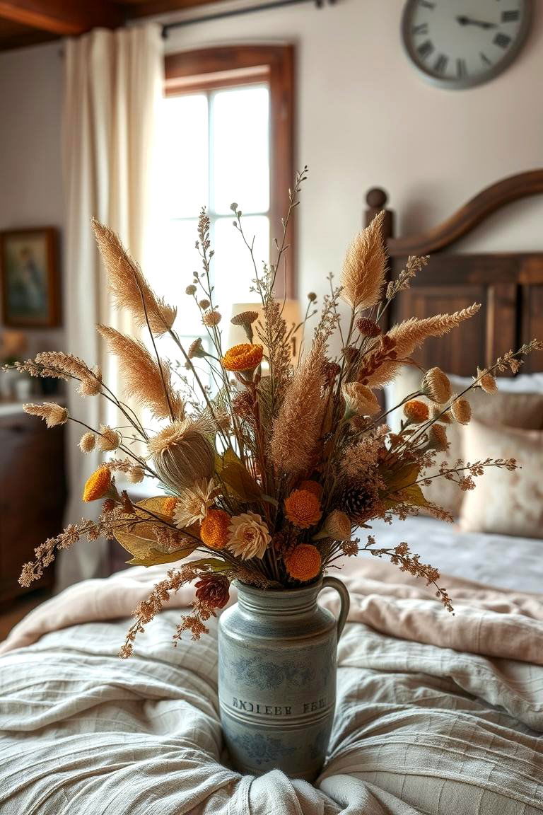 Display Dried Flower Arrangements - 24 Rustic Bedroom Ideas