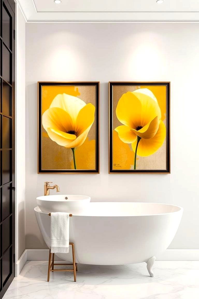 Display Yellow Artwork - 24 Yellow Bathroom Ideas
