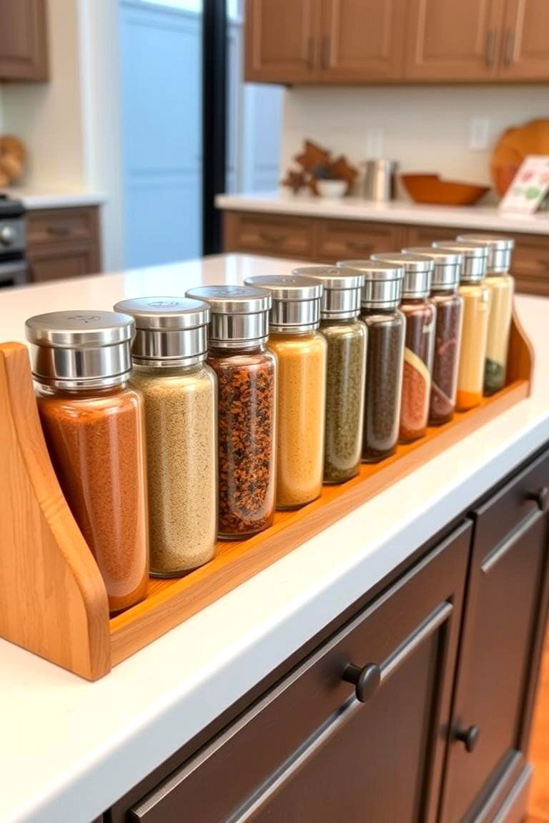 Display of Colorful Spices in Matching Containers - 24 kitchen island decor ideas