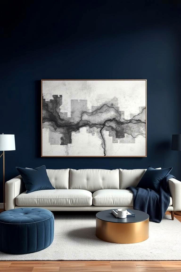 Displaying Grey Artwork on Navy Walls - 24 Navy Blue and Grey Living Room Ideas