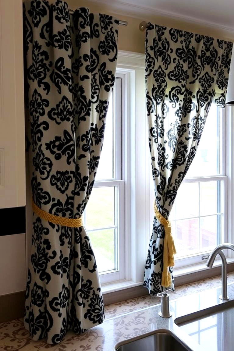 Distinctive Black and White Patterned Curtains with Gold Tiebacks - 24 black white and gold kitchen ideas